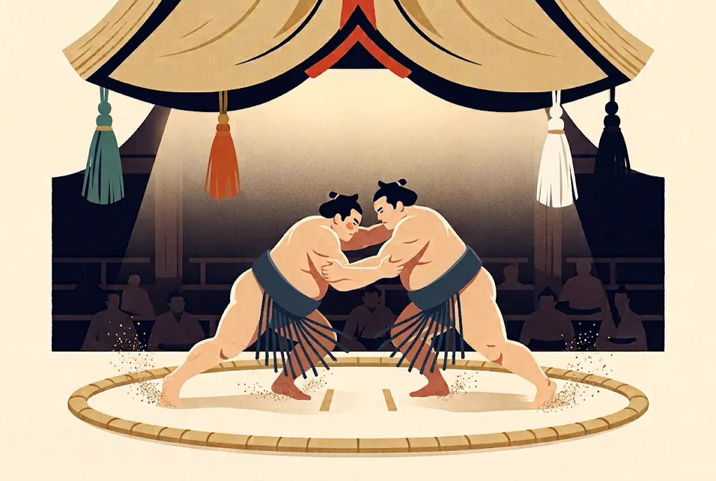 Two sumo wrestlers locked together in the centre of the clay ring, beneath the suspended roof and its four coloured tassels.